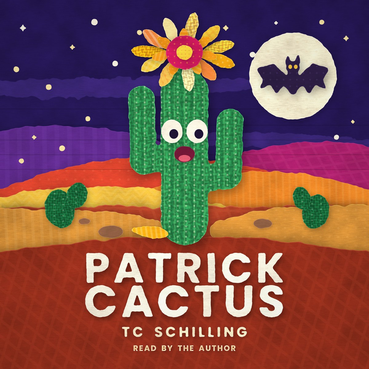 Patrick Cactus, by TC Schilling — a cut-paper collage: a saguaro at dusk wearing a crown of borrowed sunflower petals, with a bat crossing the full moon behind him.